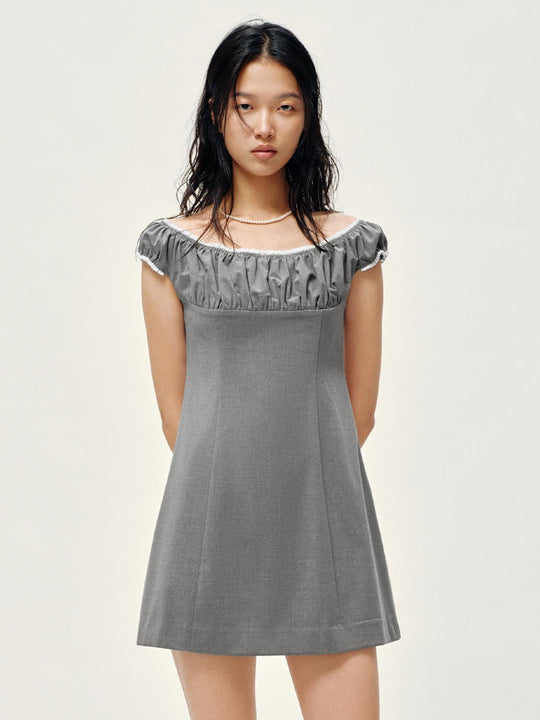 Boat Neck Shirring Detail Midi A-Line Dresses