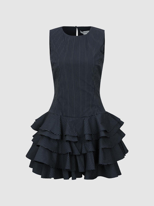 Sleeveless Tiered Pleated Check Mini Dresses