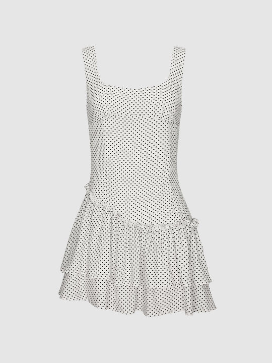 Strappy Polka Dotted Ruffle Hem A-Line Midi Dresses