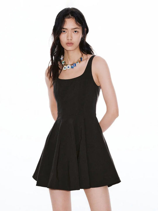 Viscose Shell Strappy Black A-Line Mini Dress