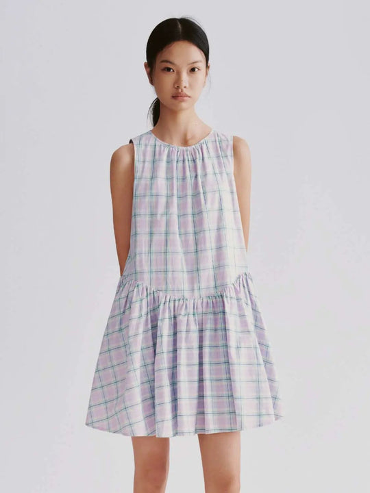 Cotton Check Sleeveless Crew Neck Midi Dresses