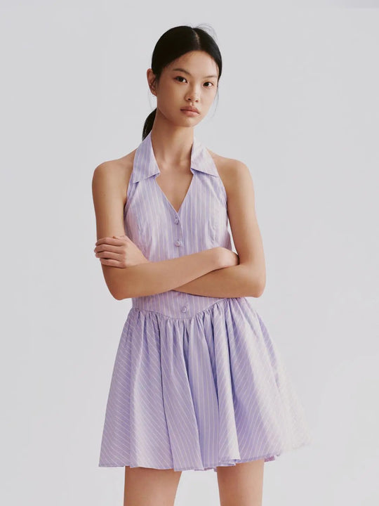 Halter Neck Open Back Striped A Line Mini Dresses for Summer