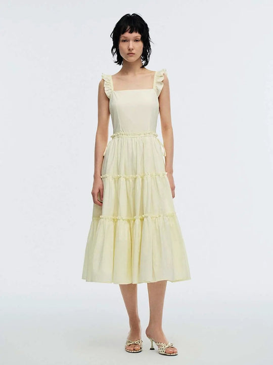 Ruffle Detail Shirred A Line Midi Dress For Elegant Look