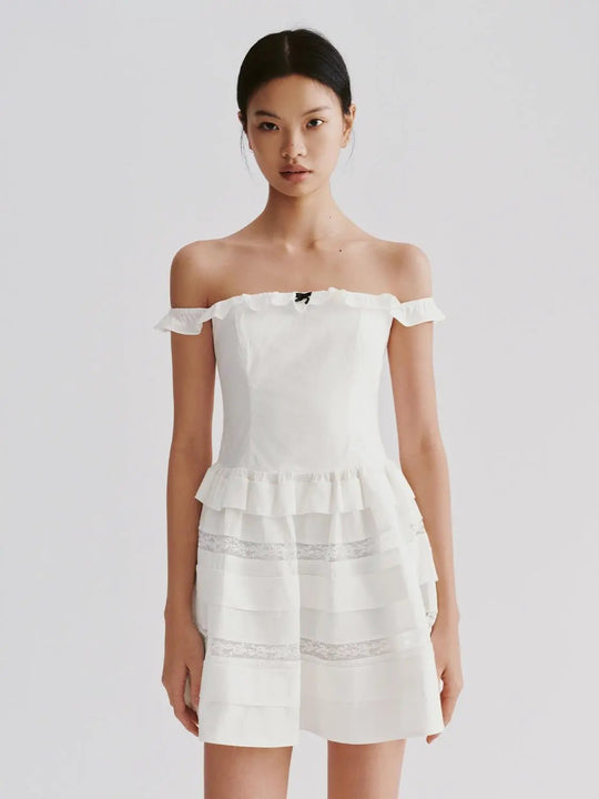Cotton Blend Off Shoulder Tiered Lace A-Line Mini Dresses