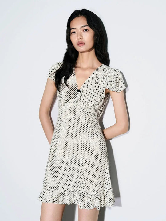 Polka Dot Viscose Flutter Sleeves A-Line Midi Dresses