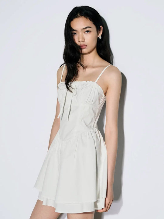 Cotton Ruched Tie Front Spaghetti Strap A-Line Mini Dresses