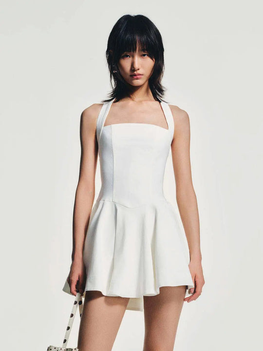 White Satin Halter Neck Nipped-Waist A-Line Midi Dress