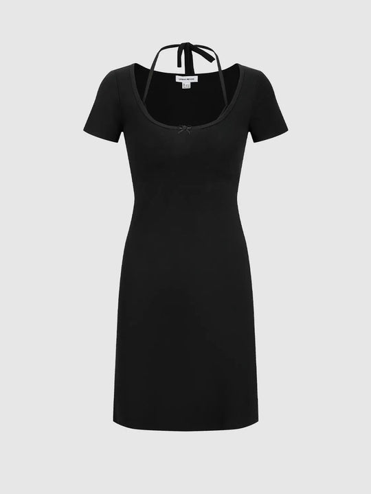 Cotton Blend With Elastane Stretch Halter Neck Bow A-Line Midi Dresses