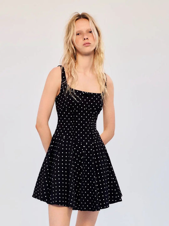 Polka Dot Print Flared A-Line Midi Dress