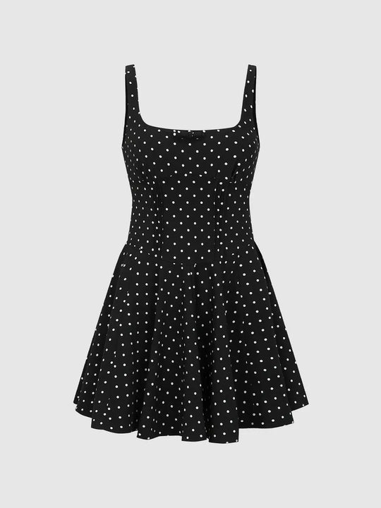 Polka Dot Print Flared A-Line Midi Dress