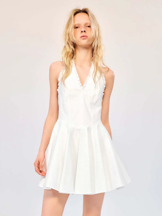 White Halter Neck Ruffle Trim A Line Dress