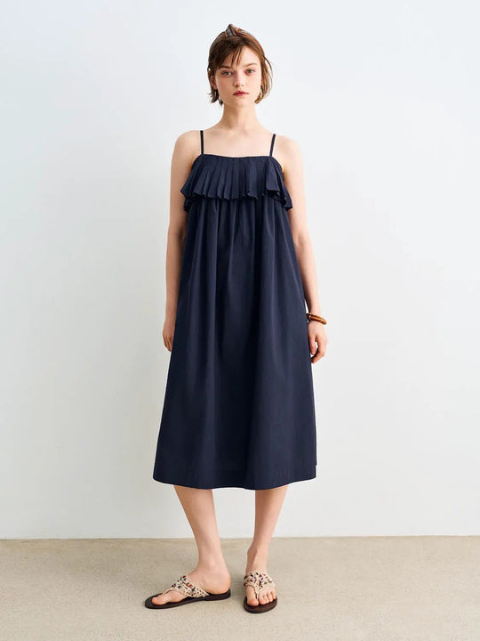 Pleated Ruffle A-Line Square Neck Cotton Dress