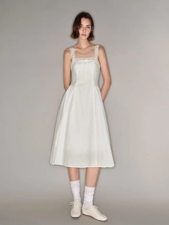 Cotton Lace-Trim Straps Neckline Front Tie A-Line Silhouette Dress