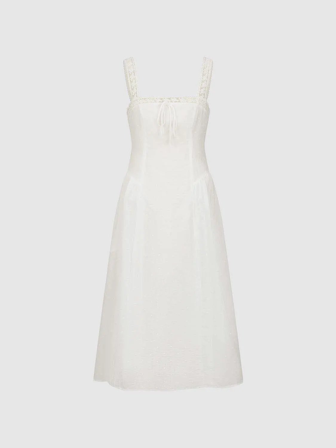 Cotton Lace-Trim Straps Neckline Front-Tie A-Line Dress, white, Urban Revivo Fashion