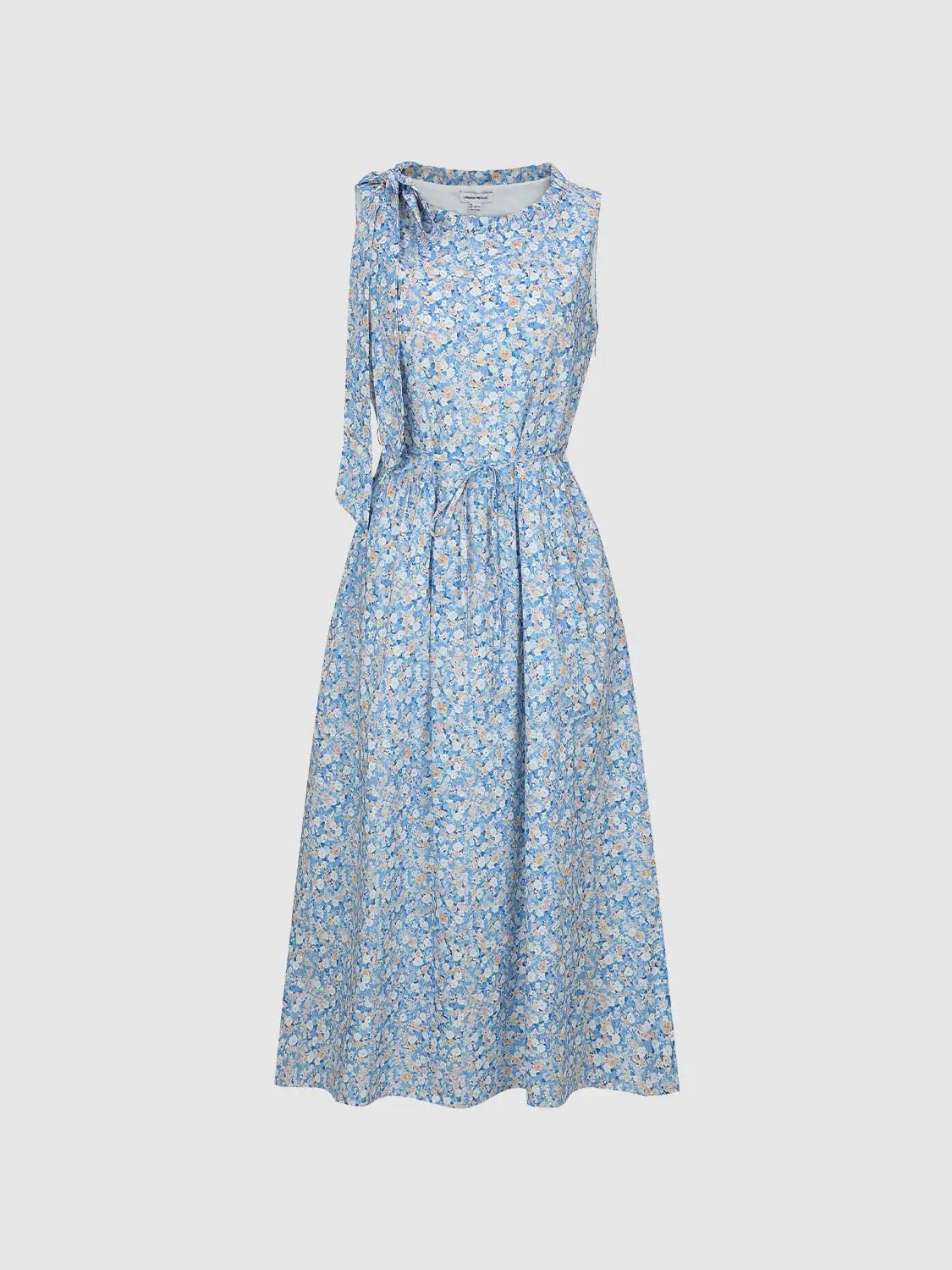 A-Line Dress in blue floral print with cinched waist and one-shoulder tie detail.