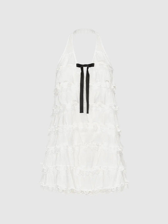 Tiered Lace A-line With Black Ribbon Tie Dress