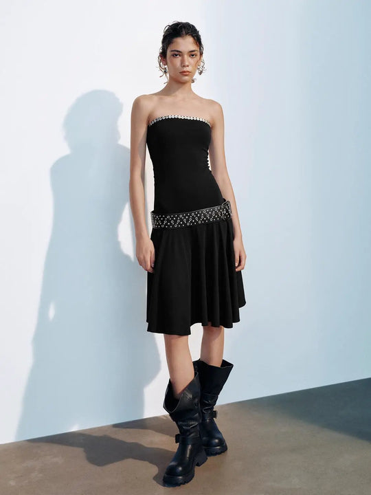 Beaded Trim A-line Cotton Lyocell Blend Dress