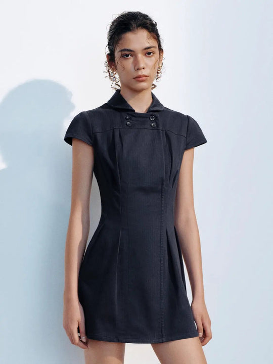 A-Line Button Detail Shirt Collar Short Sleeve Cotton Dress