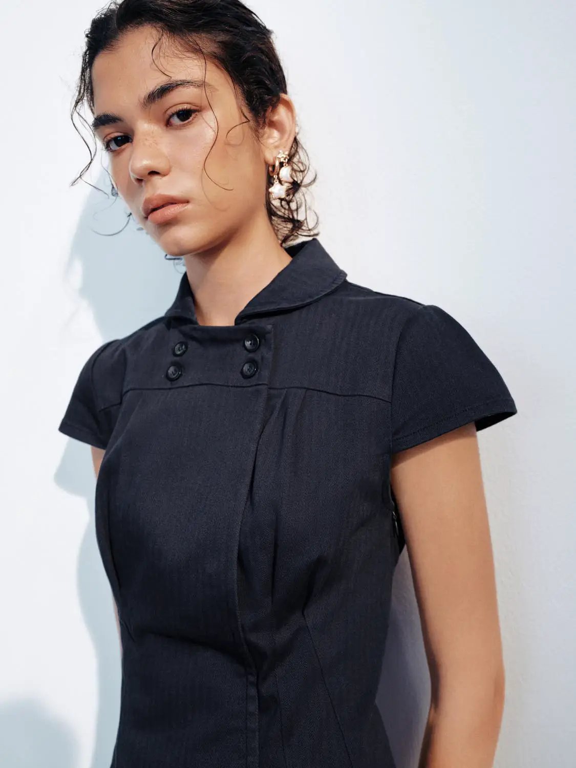 A-Line Dress in navy with short sleeves and a buttoned stand collar