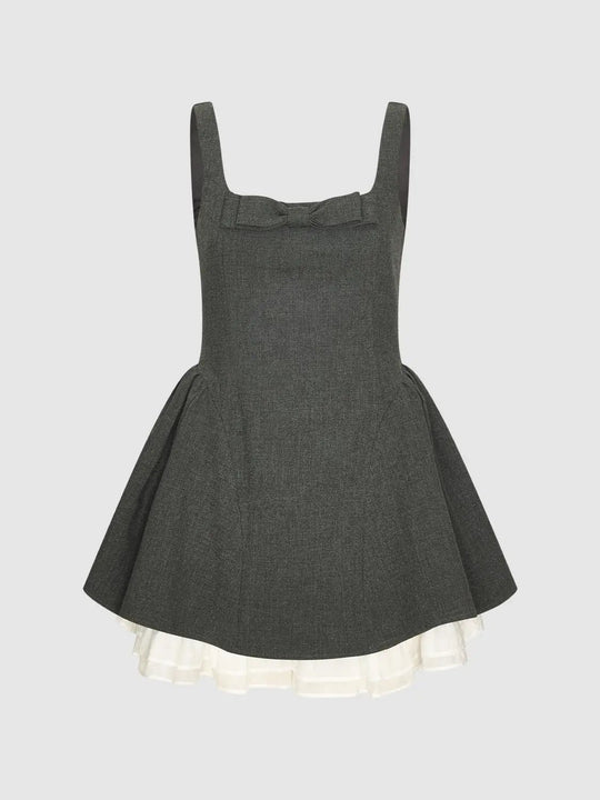Bow Ruffled Hem A-Line Square Neck Sleeveless Mini Dress