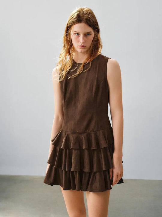 Layered Ruffle A-Line Crew Neck Sleeveless Mini Dress
