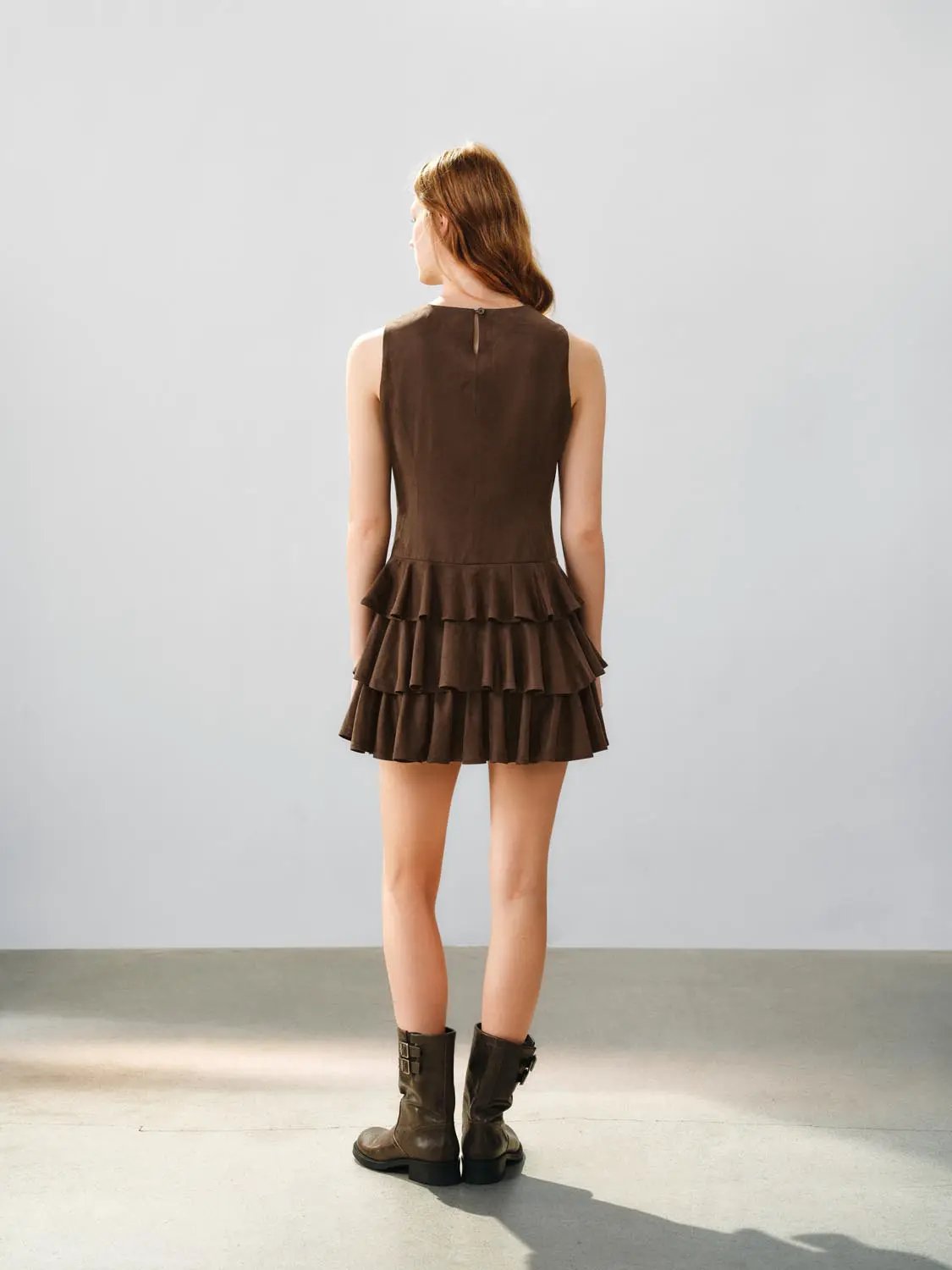 Layered Ruffle A-Line Sleeveless Mini Dress in brown, back view.
