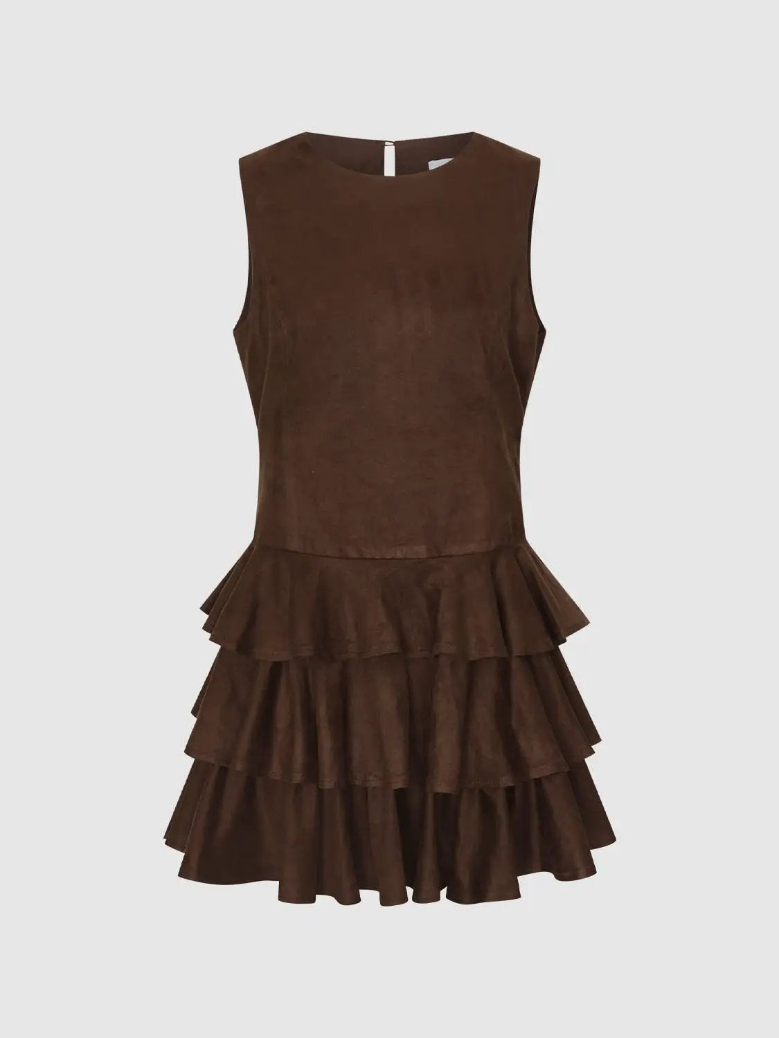 Layered Ruffle A-Line Sleeveless Mini Dress with crew neck in chocolate brown.