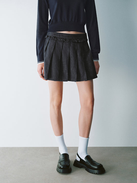 Pleated Mini Denim Skirt