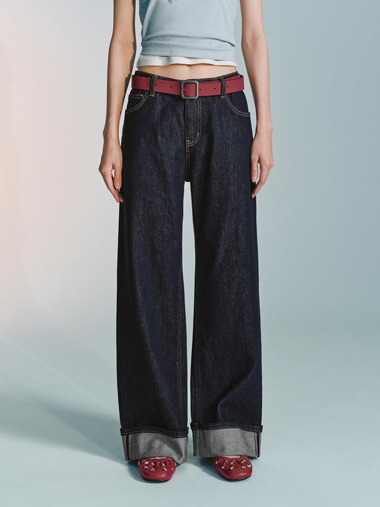 Belted Cuffed Wide Leg Jeans