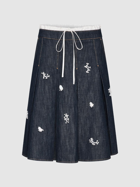 Ruffled Trim Embroidered Pleated Denim Midi Skirts
