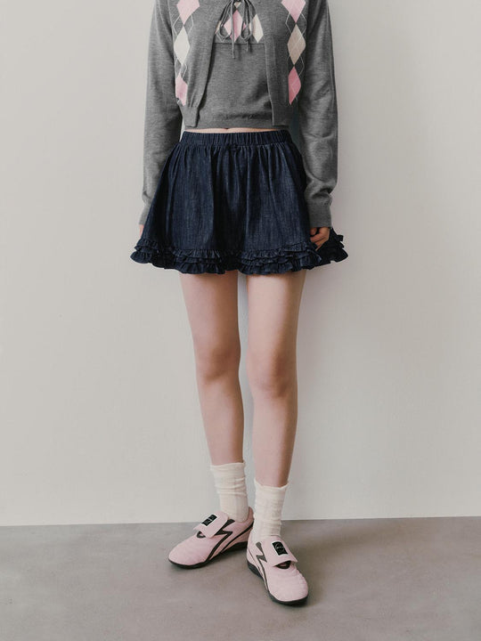 Pull On Ruffle Hem Denim Mini Skirts