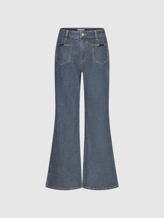 Textured Patch Pockets Cotton Wide-leg Jeans