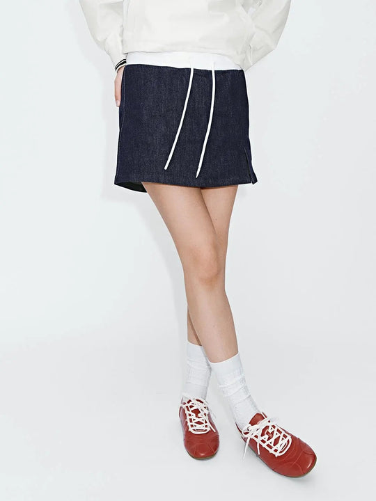 Contrast Trim Drawstring Denim Shorts