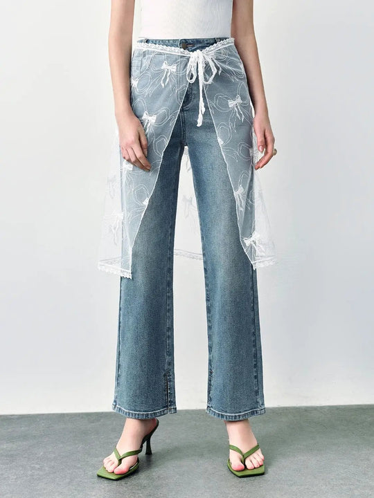 Lace Shawl Detail Straight Leg Jeans