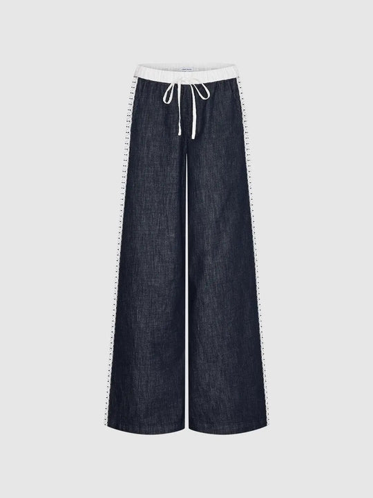Contrast Trim Drawstring Flare Leg Jeans