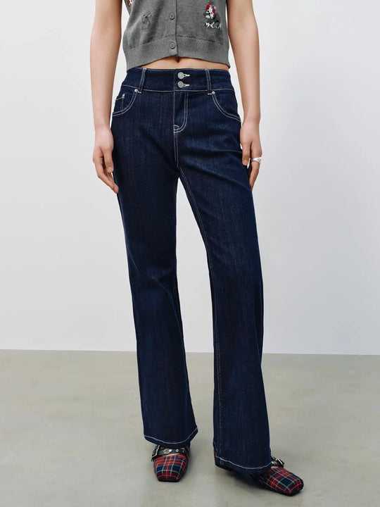 High Rise Dark Indigo Denim Flare Leg Jeans