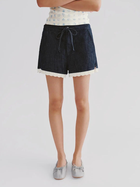 Dark Denim With Lace Trim Drawstring Shorts
