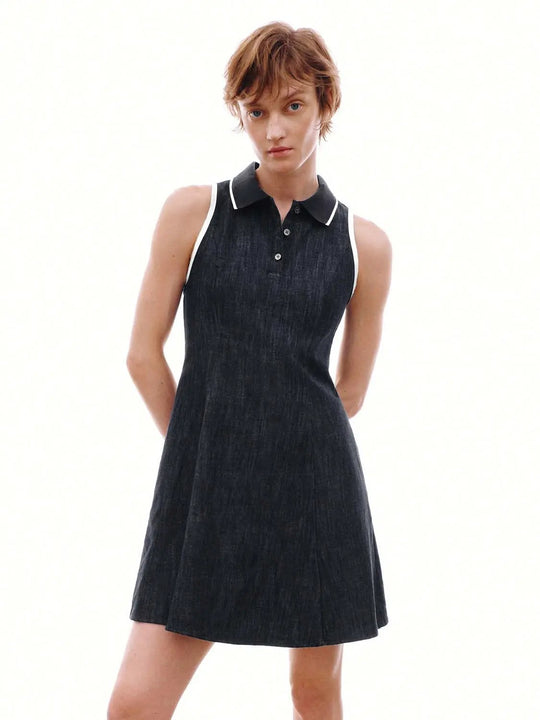 Contrast Trim Polo Neck Denim Midi Dress