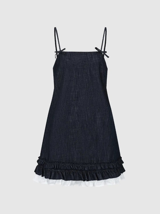 Denim Strappy Midi Dress With Ruffle Trim Midi Dresses