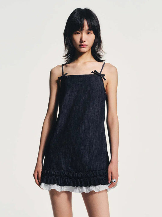 Denim Strappy Midi Dress With Ruffle Trim Midi Dress