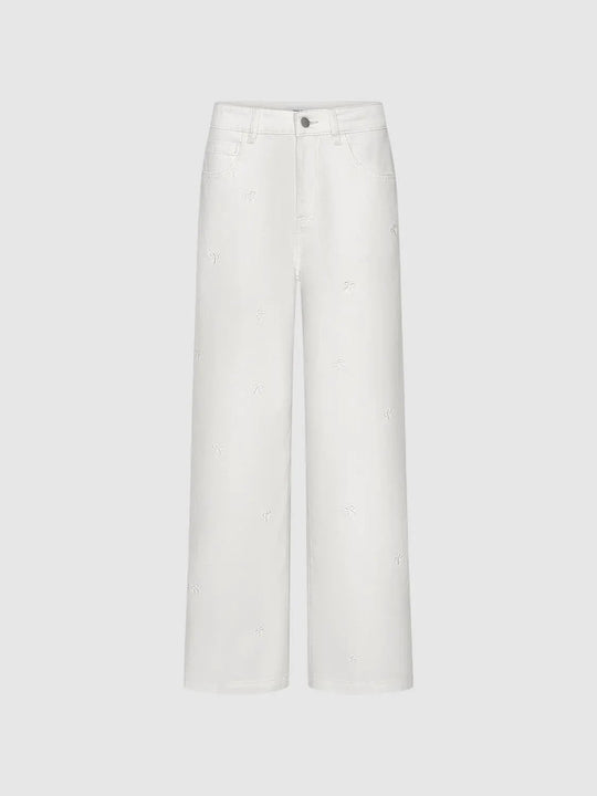 Embroidered Palm Motifs Lyocell Cotton Blend Wide Leg Jeans