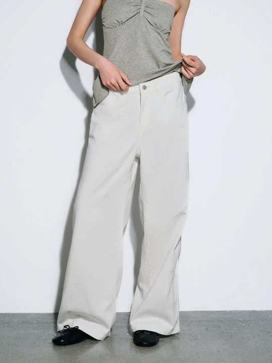 Embroidered Palm Motifs Lyocell Cotton Blend Wide Leg Jeans