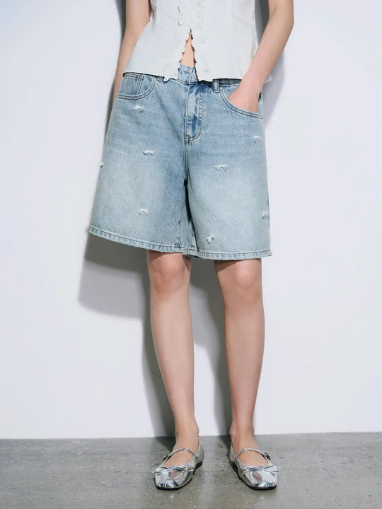 Bow Detail Denim Shorts For Everyday Casual Urban Wear