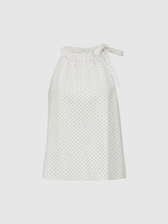 Polka Dot Cotton Sleeveless Tie Shoulder Denim Shirts