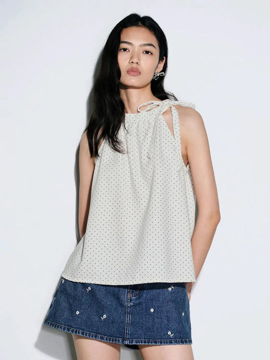Polka Dot Cotton Sleeveless Tie Shoulder Denim Shirts