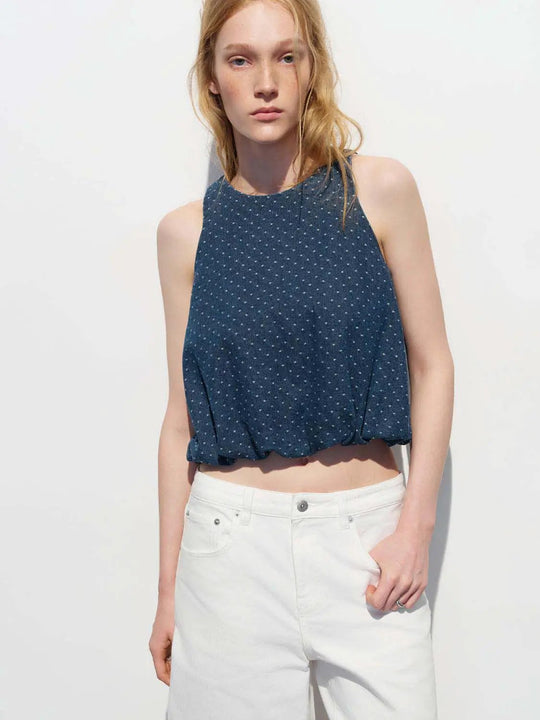 Cotton Dotted Relaxed Slight Stretch Sleeveless Denim Shirt