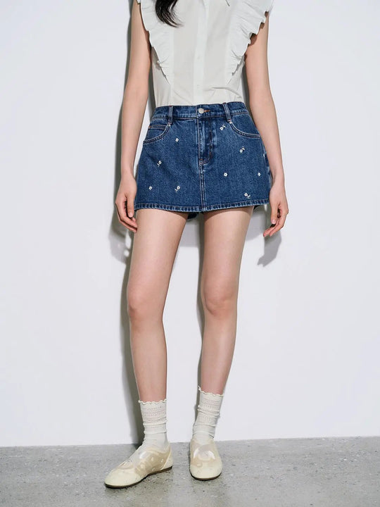 Cotton Denim Embroidered Floral Denim Shorts
