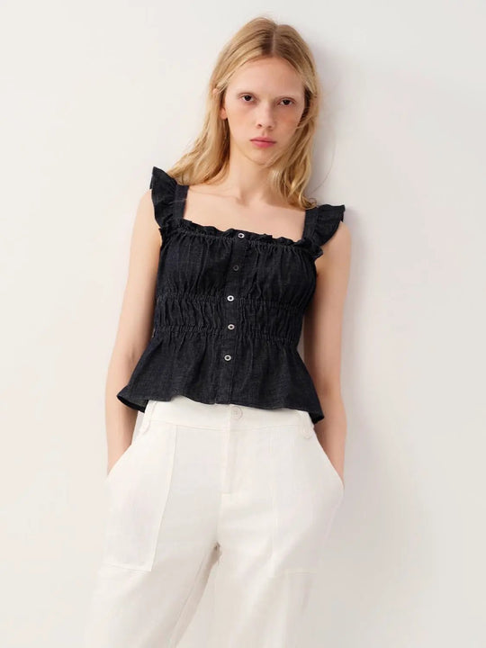 Cotton Smocked Waist Button Front Sleeveless Denim Shirt