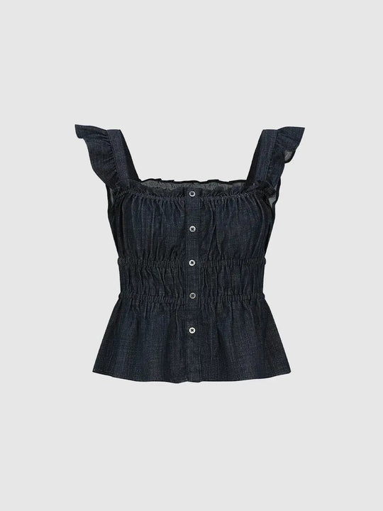 Cotton Smocked Waist Button Front Sleeveless Denim Shirt