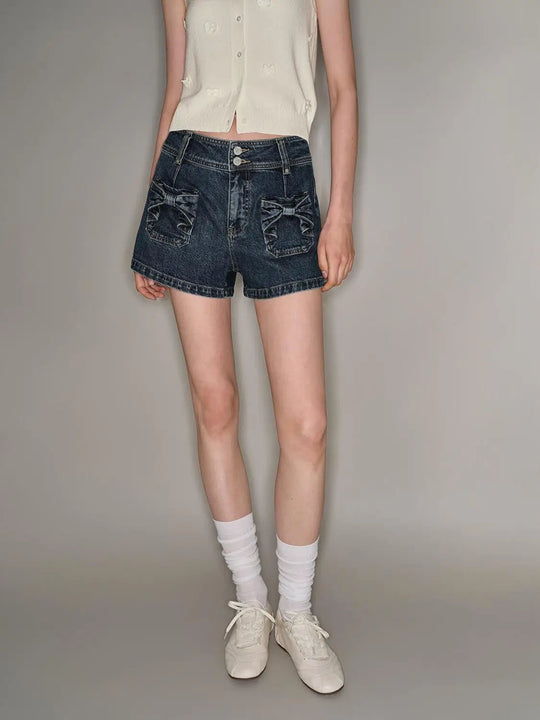 Stretch Ruffle Patch Pocket Cotton Denim Shorts